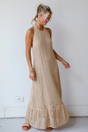 FINAL SALE - Divine Intentions Taupe Crochet Knit Halter Maxi Dress