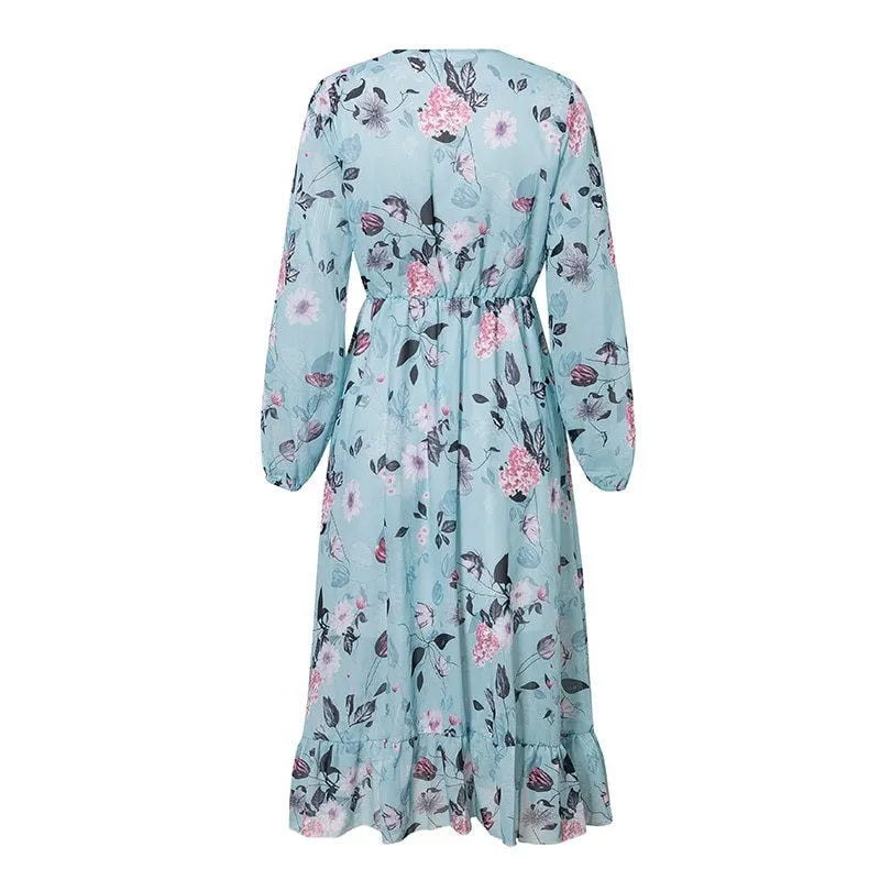 Floral Print Plus Size High Waist Ruffled Summer Loose V-neck Puff Sleeve Chiffon Boho Dress