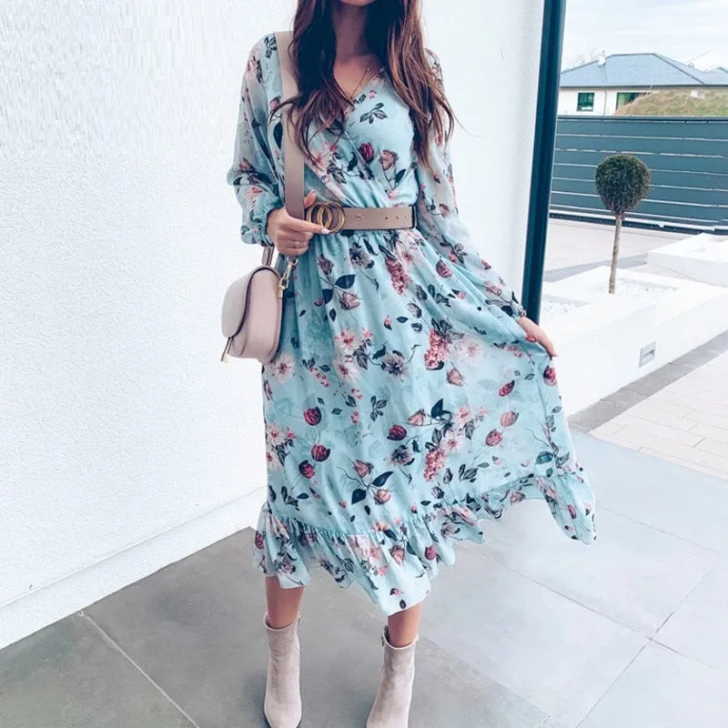 Floral Print Plus Size High Waist Ruffled Summer Loose V-neck Puff Sleeve Chiffon Boho Dress