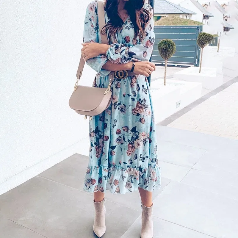 Floral Print Plus Size High Waist Ruffled Summer Loose V-neck Puff Sleeve Chiffon Boho Dress