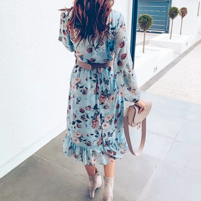 Floral Print Plus Size High Waist Ruffled Summer Loose V-neck Puff Sleeve Chiffon Boho Dress