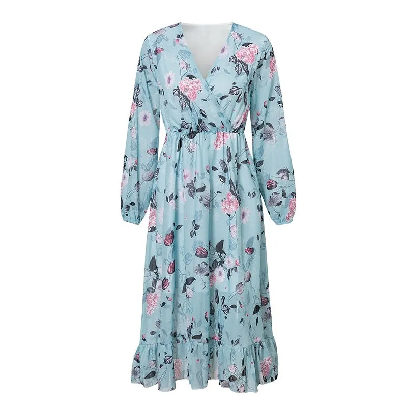 Floral Print Plus Size High Waist Ruffled Summer Loose V-neck Puff Sleeve Chiffon Boho Dress