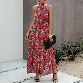 Floral Print Plus Size Sleeveless Belt High Waist Boho Maxi Dress