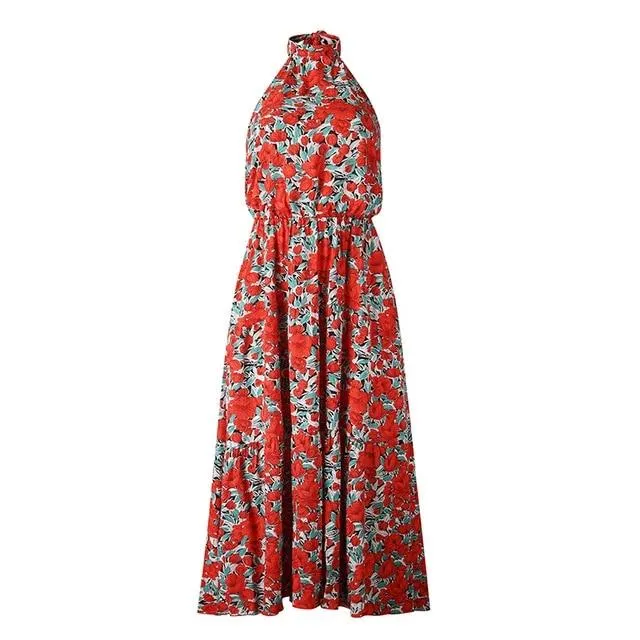 Floral Print Plus Size Sleeveless Belt High Waist Boho Maxi Dress