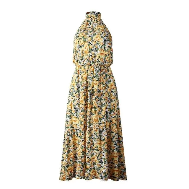 Floral Print Plus Size Sleeveless Belt High Waist Boho Maxi Dress