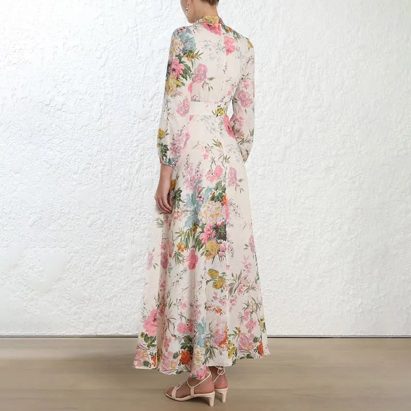 Floral V Neck Lantern Sleeve Lace-Up Maxi Dress