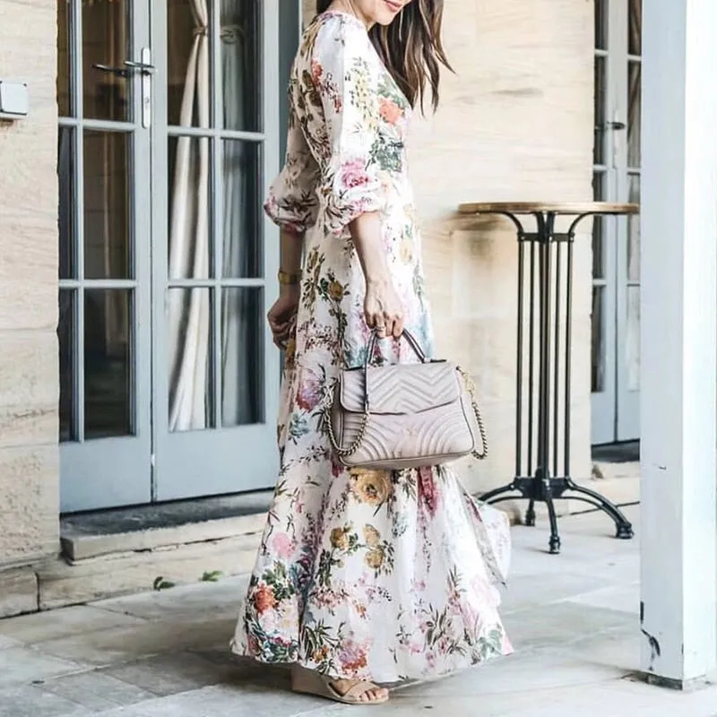 Floral V Neck Lantern Sleeve Lace-Up Maxi Dress