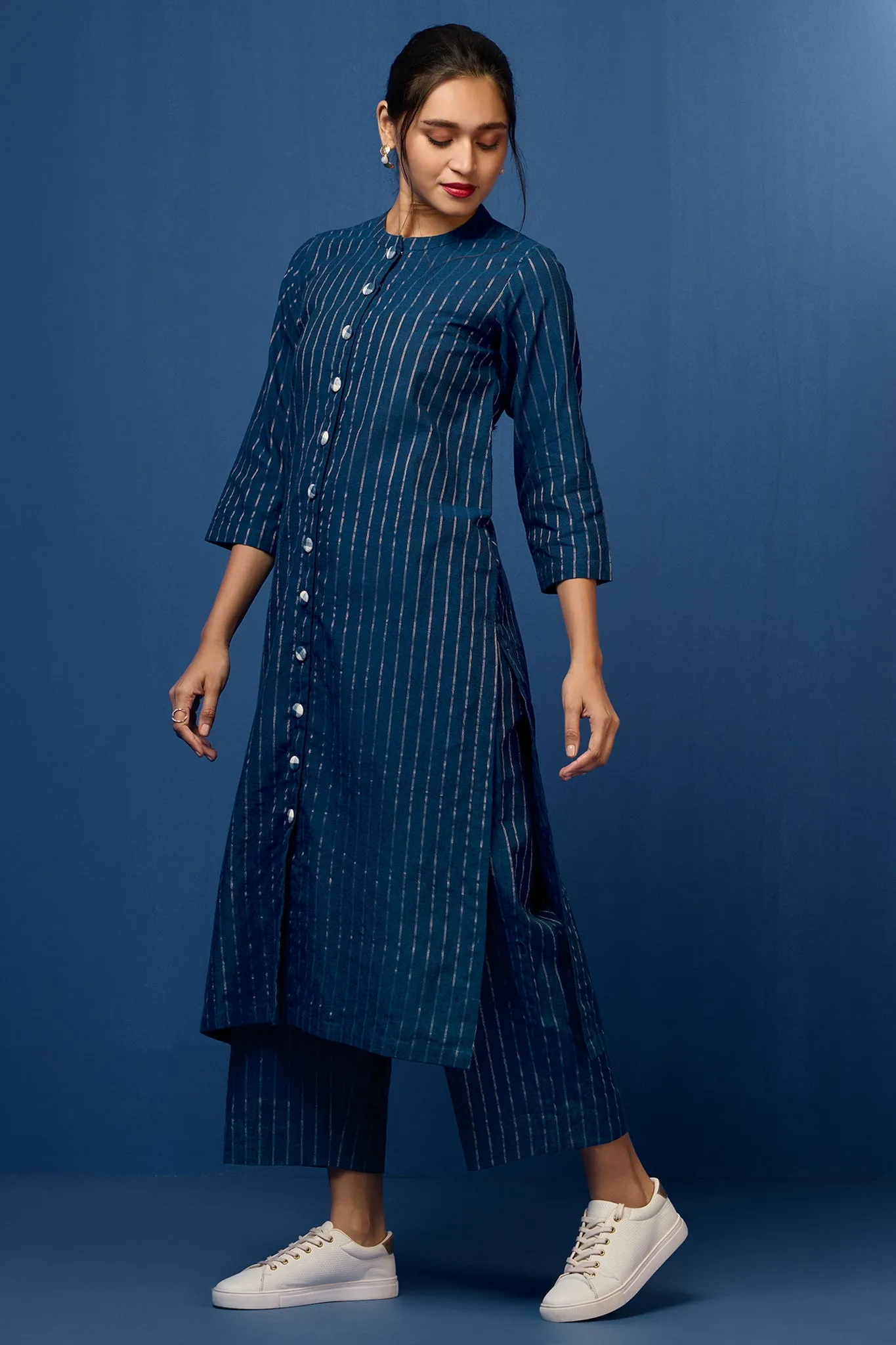 formal button down kurta - indigo nightfall & whimsical gold stripes