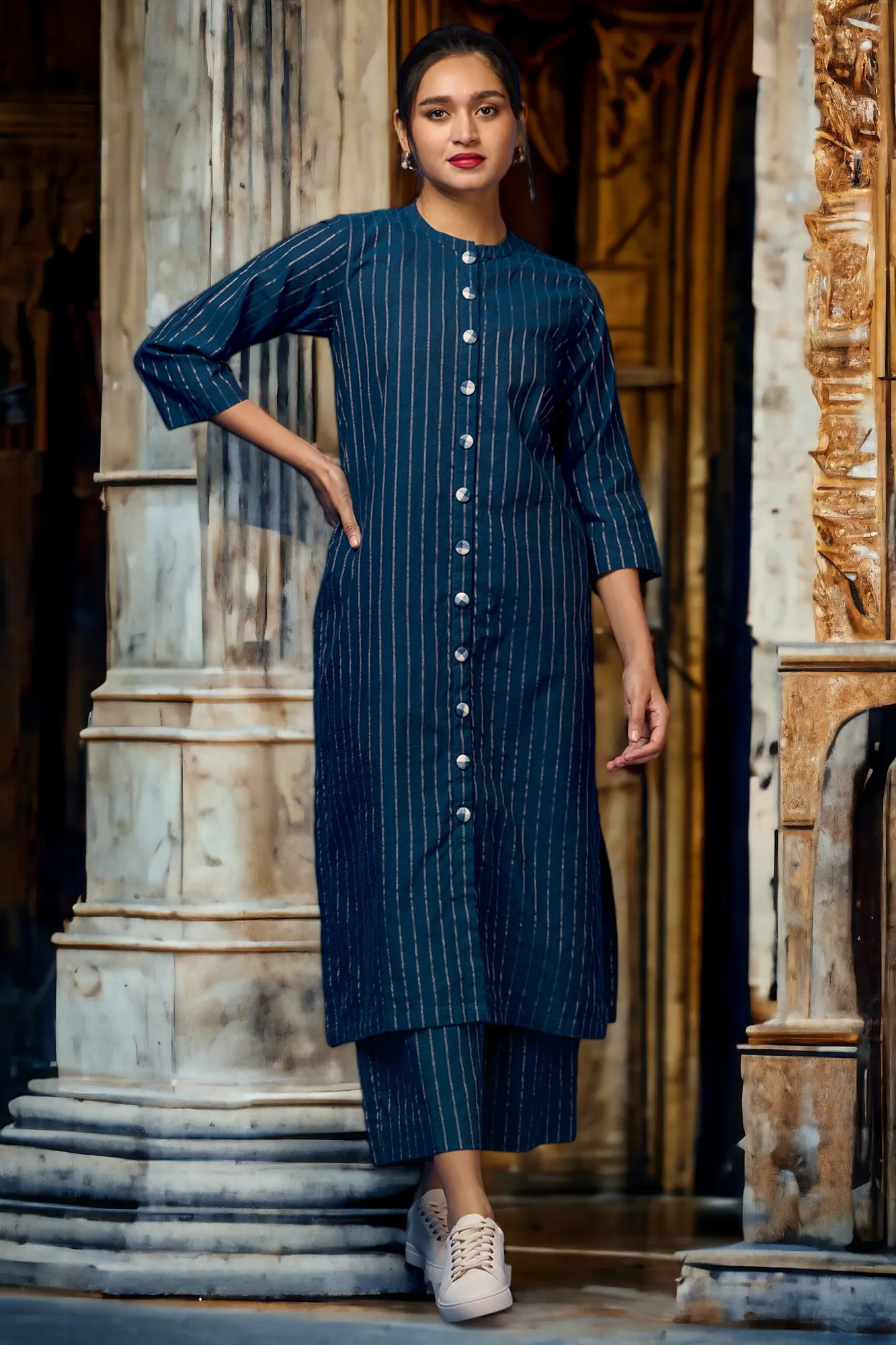 formal button down kurta - indigo nightfall & whimsical gold stripes