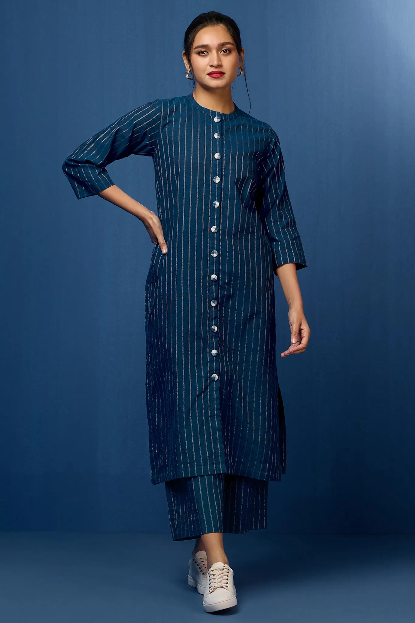 formal button down kurta - indigo nightfall & whimsical gold stripes