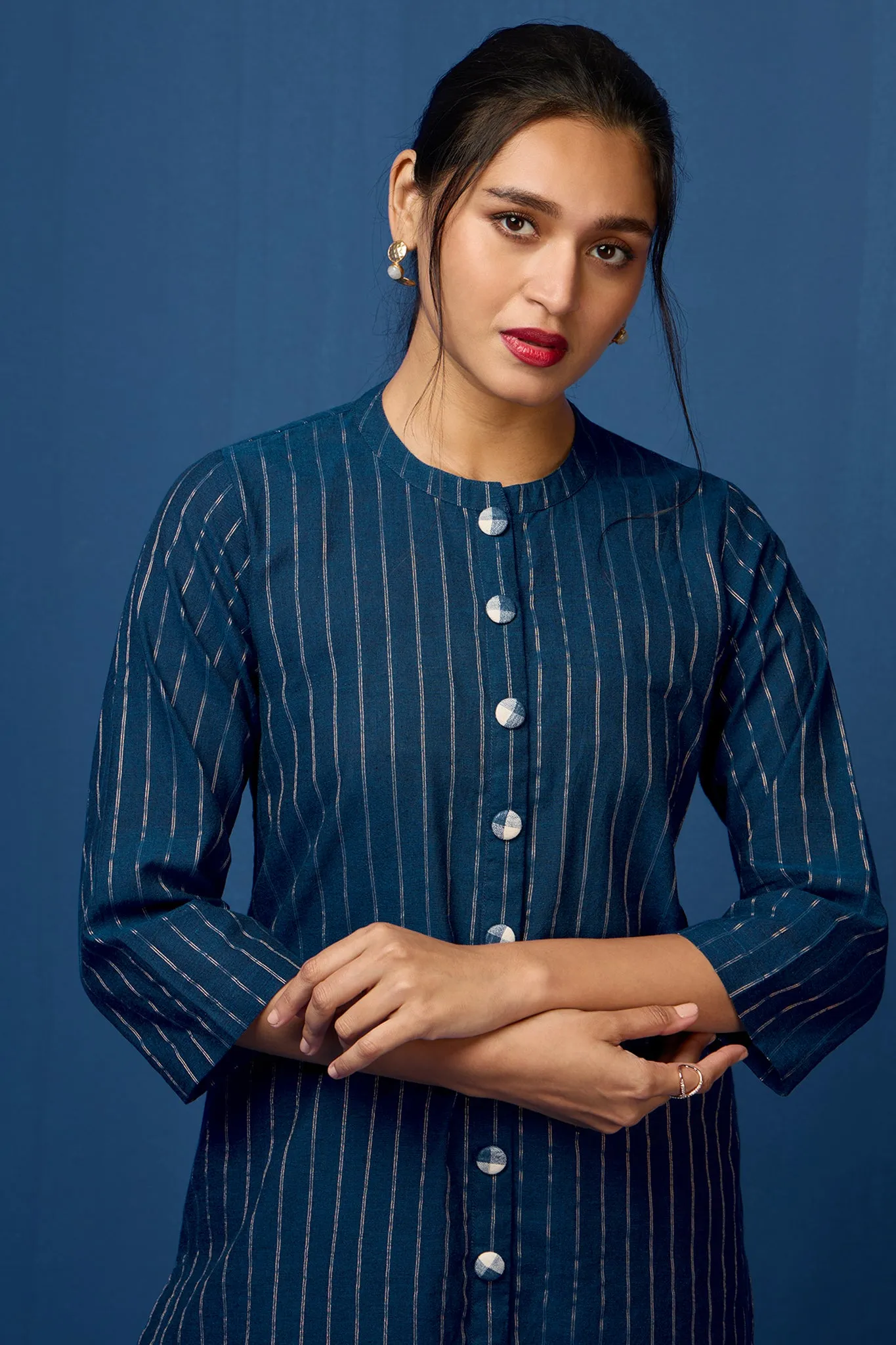 formal button down kurta - indigo nightfall & whimsical gold stripes