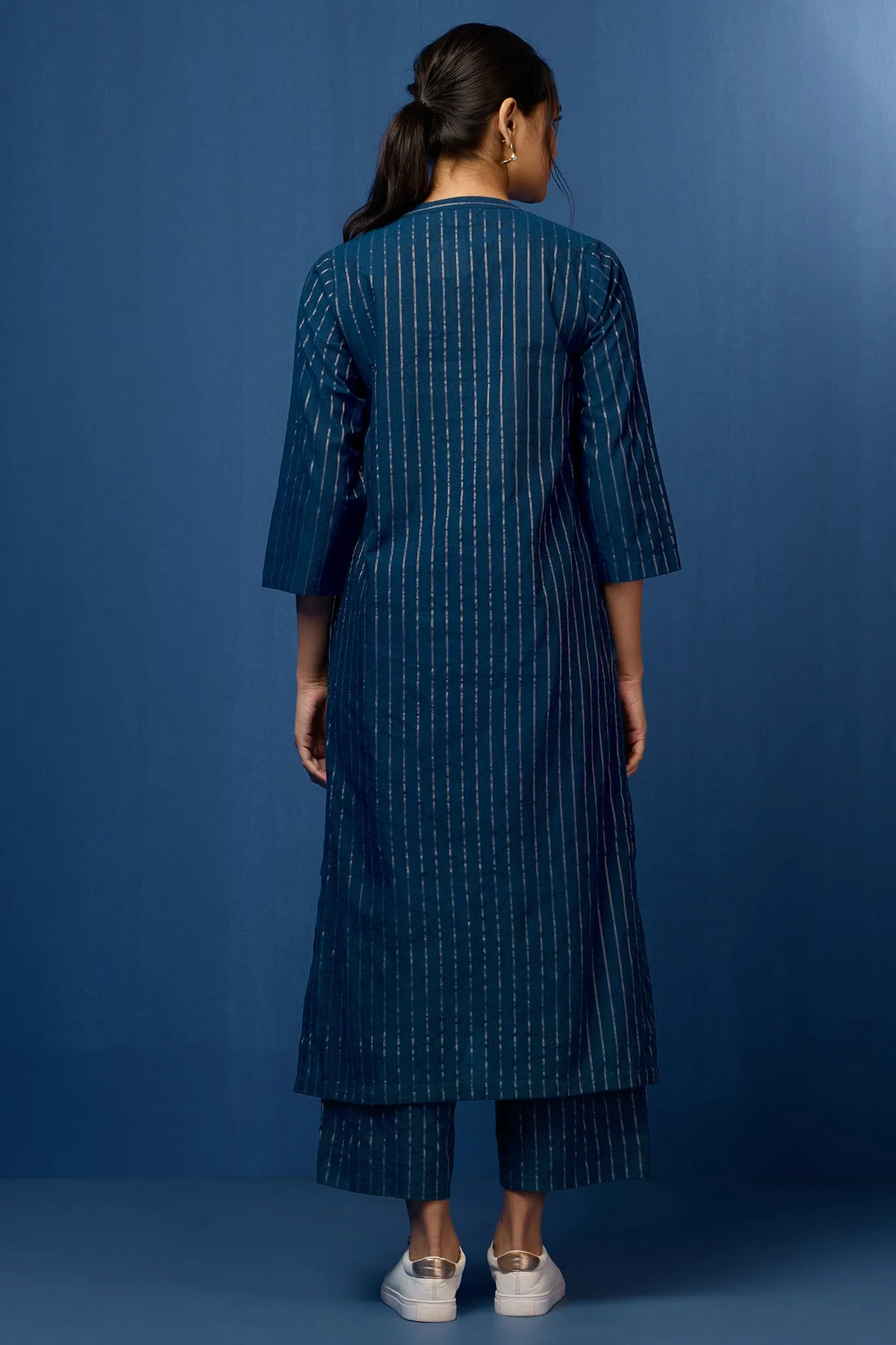 formal button down kurta - indigo nightfall & whimsical gold stripes