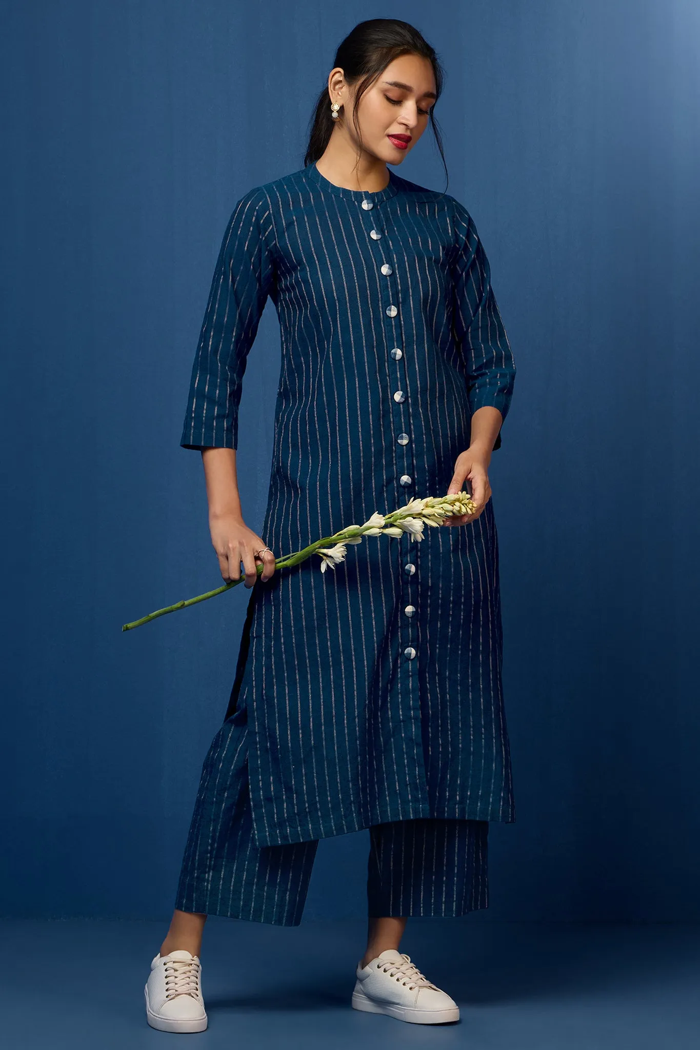 formal button down kurta - indigo nightfall & whimsical gold stripes