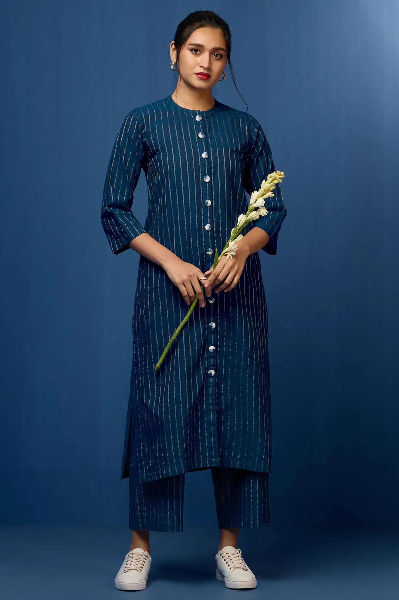 formal button down kurta - indigo nightfall & whimsical gold stripes