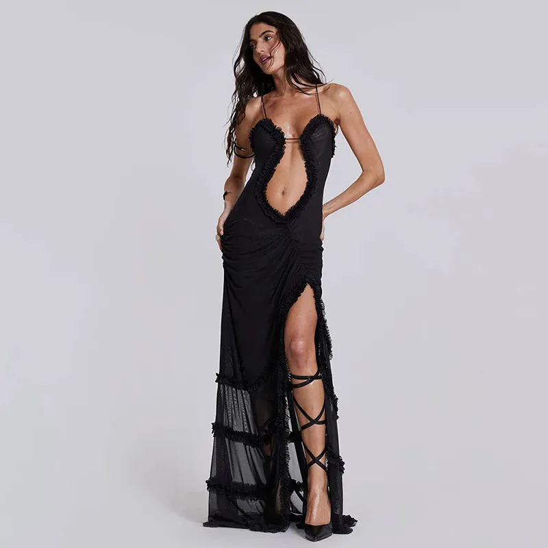 Frilly Halter Backless Split Long Dresses for Women Y2k 2000s Aesthetic Print Maxi Dress Sexy Party Outfits C85-II41