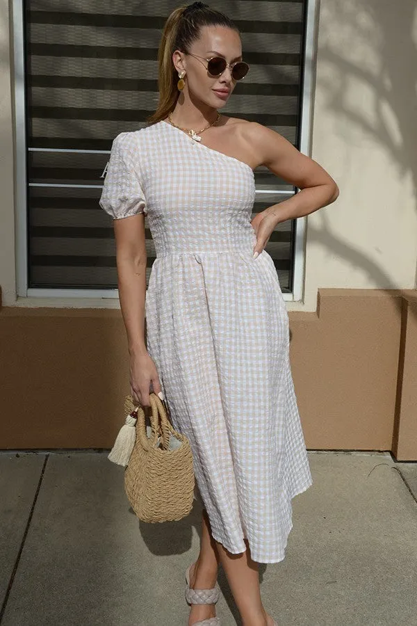 Gingham Beige One Shoulder Mid Length Dress