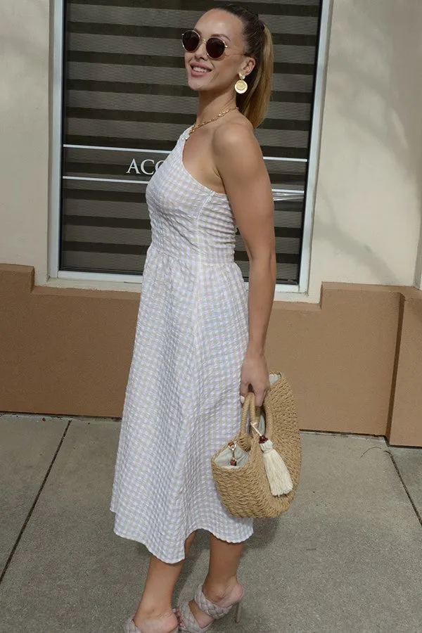 Gingham Beige One Shoulder Mid Length Dress