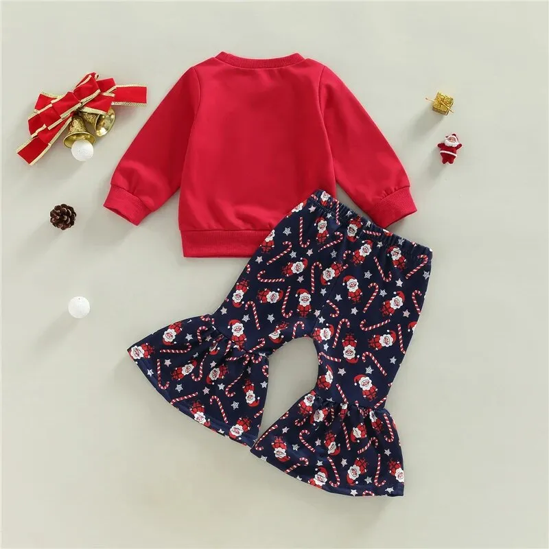 Girls Christmas Clothing Set - Long Sleeve Letter Print Sweatshirt   Flare Pants