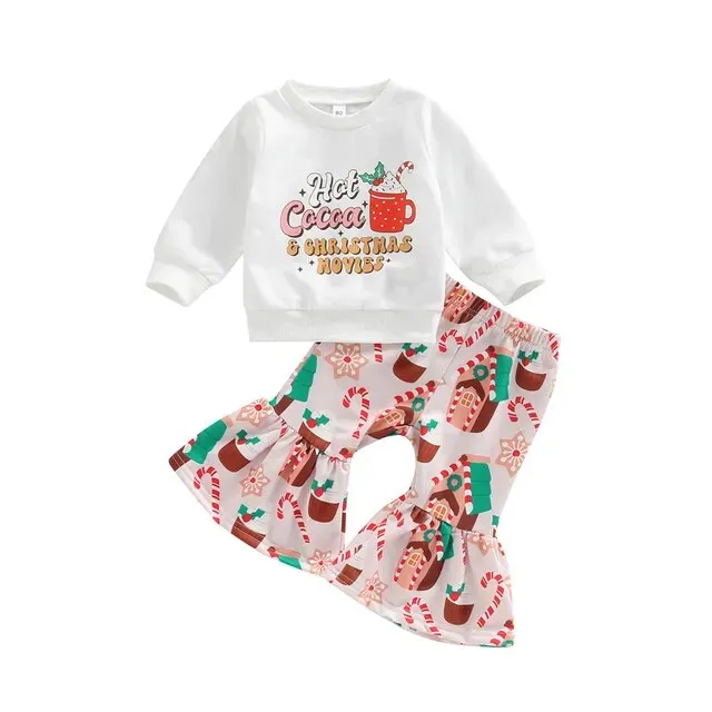 Girls Christmas Clothing Set - Long Sleeve Letter Print Sweatshirt   Flare Pants