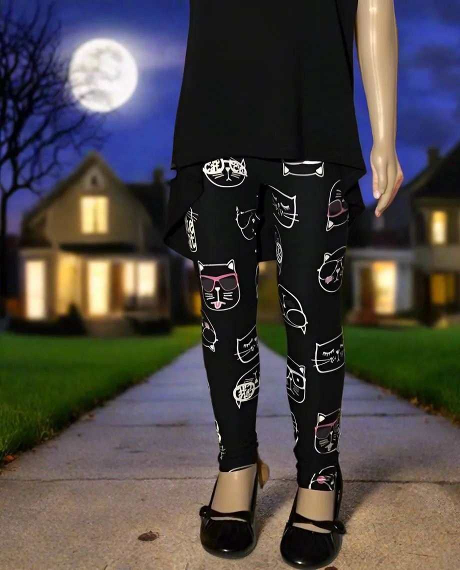 Girls Cute Cat Leggings, Kids Yoga Pants, Sizes S/L, No-Roll Waist, Black/White