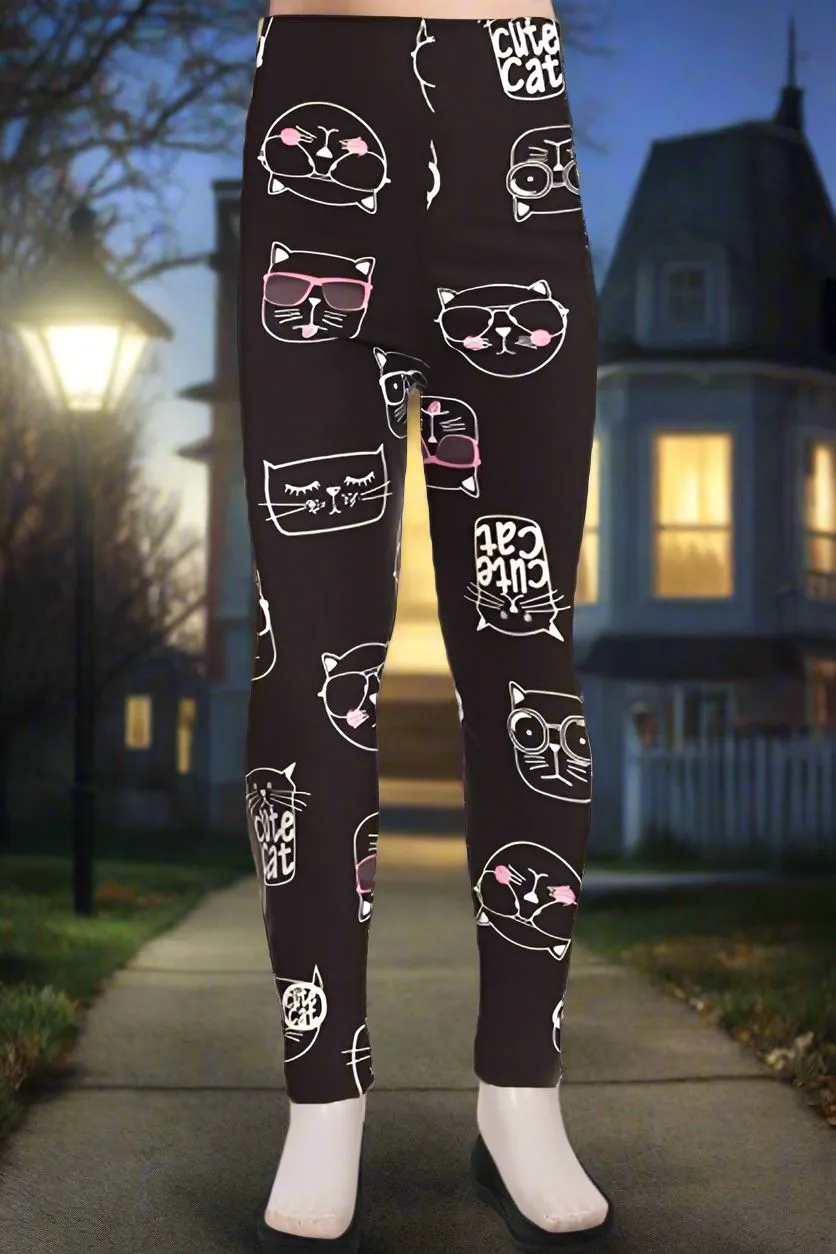 Girls Cute Cat Leggings, Kids Yoga Pants, Sizes S/L, No-Roll Waist, Black/White