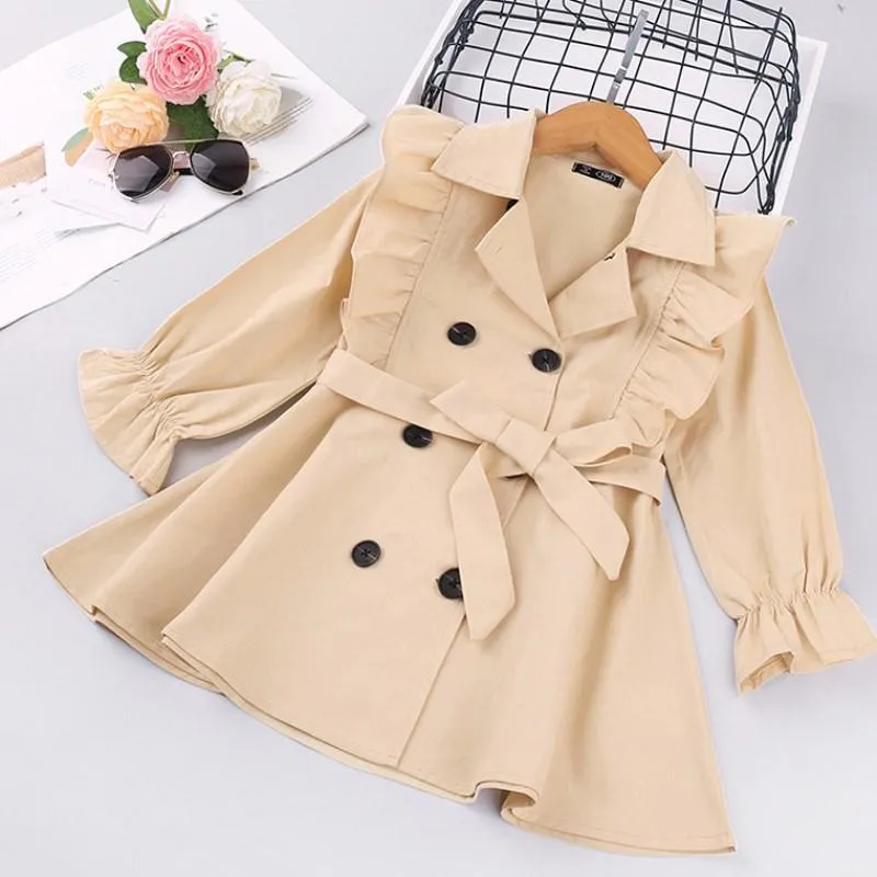 Girls' Trench Coat With Solid Double-Breasted Jacket