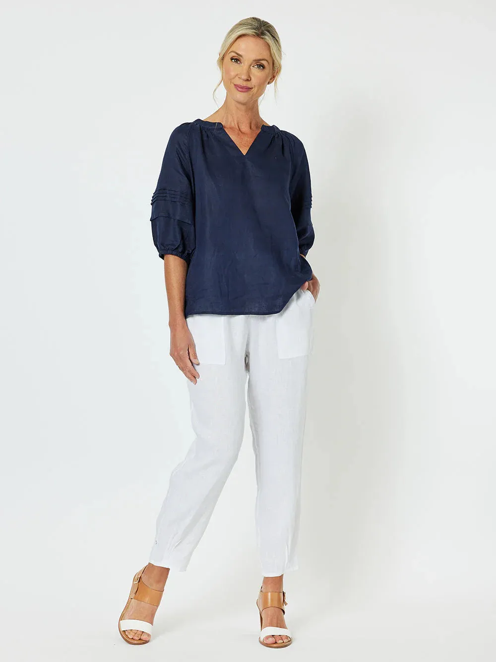 GORDON SMITH Ribbed Waist Linen Pant White