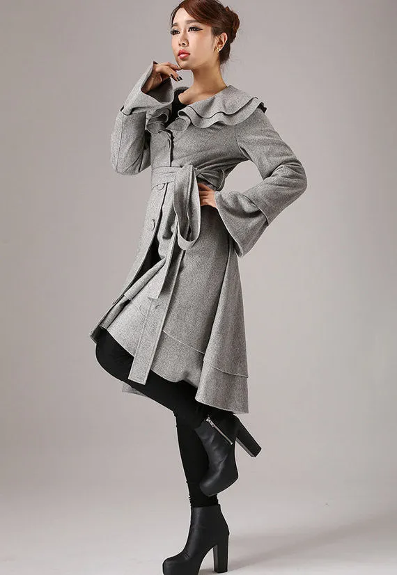 Gray coat winter jacket wool coat ruffled collar coat 0763#