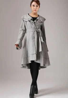 Gray coat winter jacket wool coat ruffled collar coat 0763#