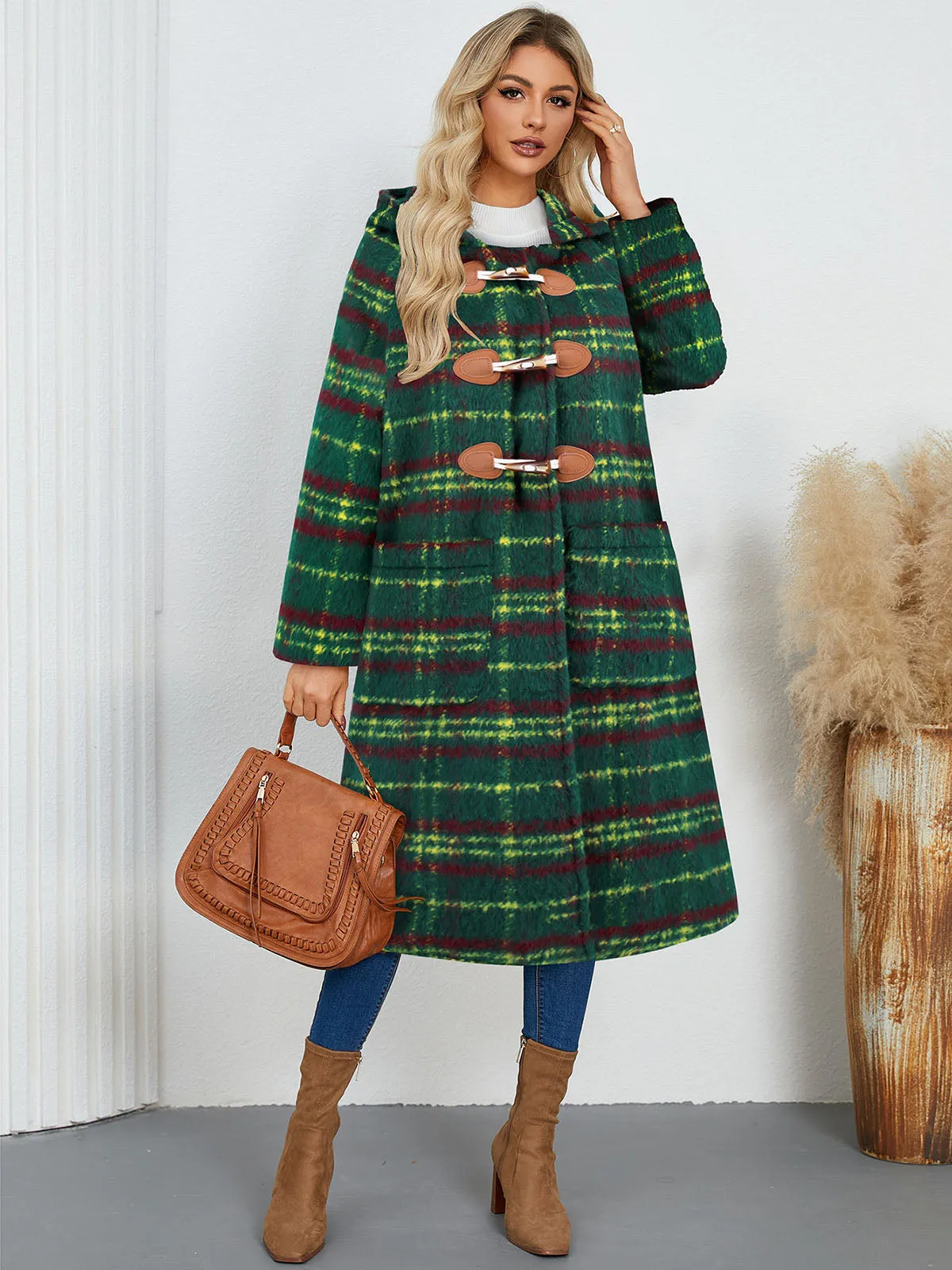 Green 1950s Gingham Plaid Hooded Coat