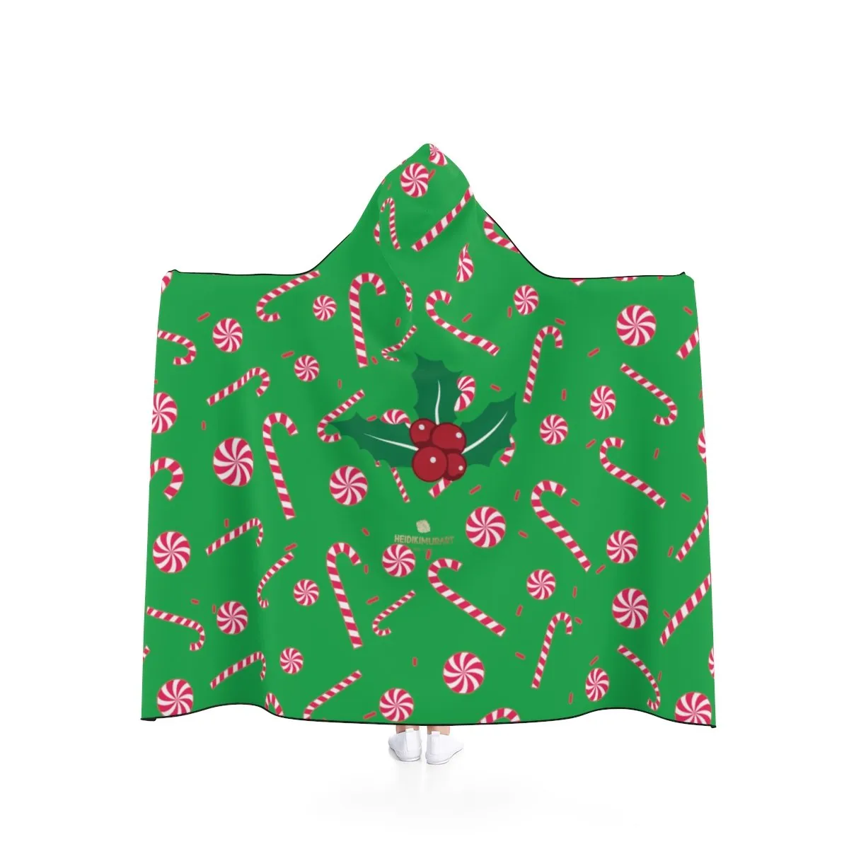 Green Cozy Christmas Hooded Blanket, Red Sugar Cane 50"x40", 80"x56" Holiday Party Blanket