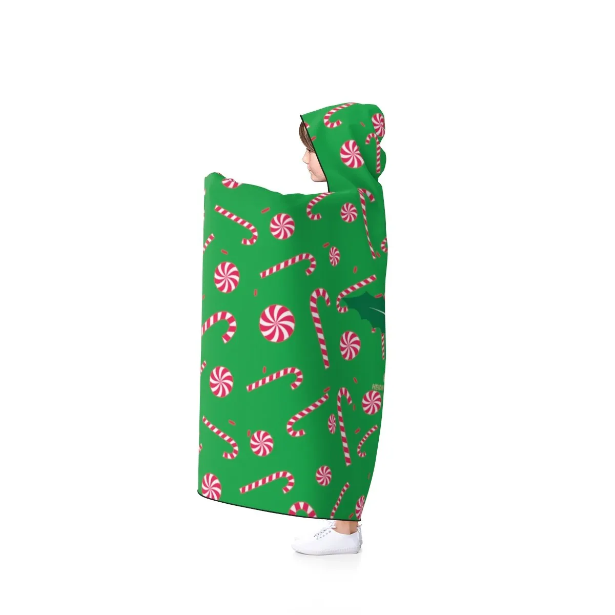 Green Cozy Christmas Hooded Blanket, Red Sugar Cane 50"x40", 80"x56" Holiday Party Blanket