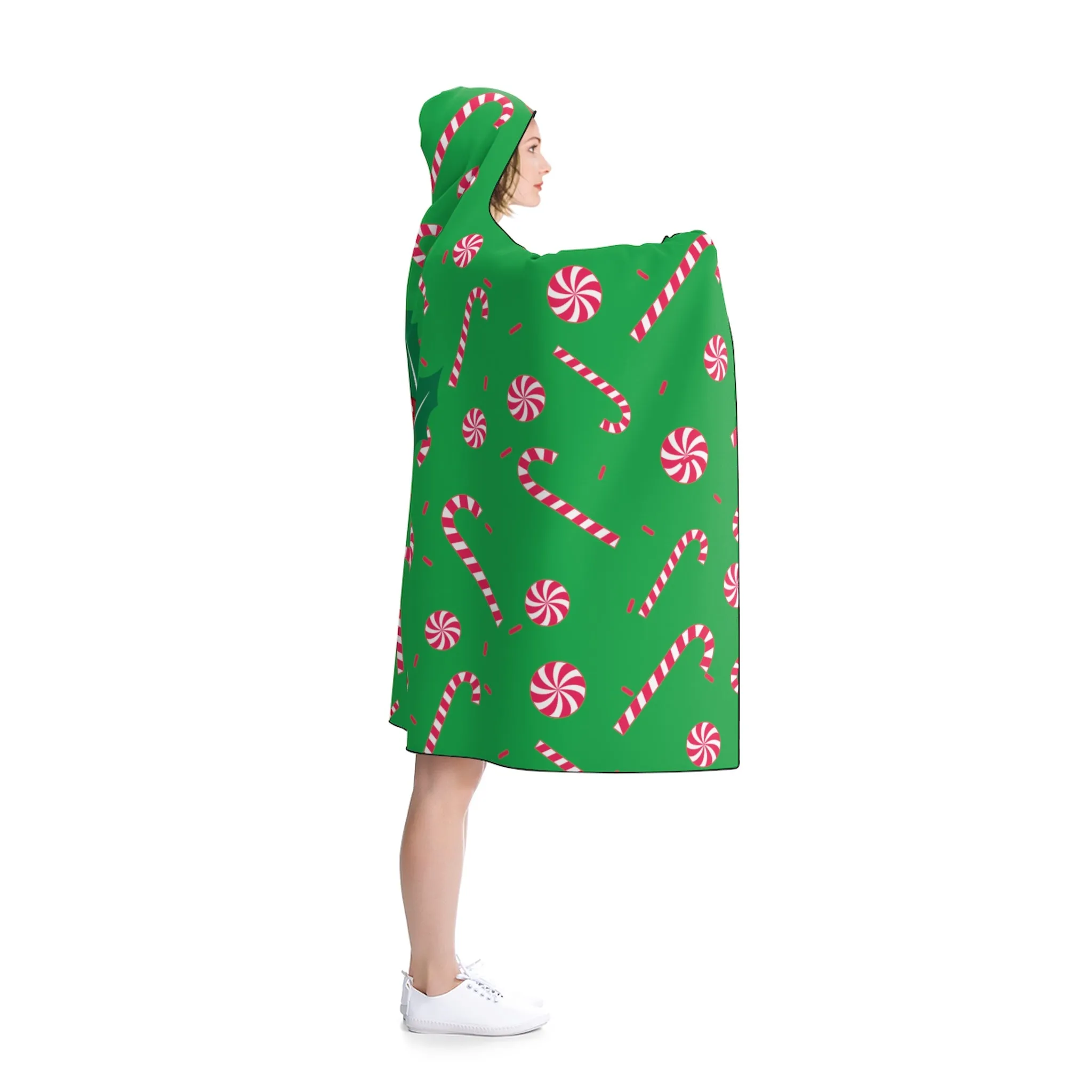 Green Cozy Christmas Hooded Blanket, Red Sugar Cane 50"x40", 80"x56" Holiday Party Blanket