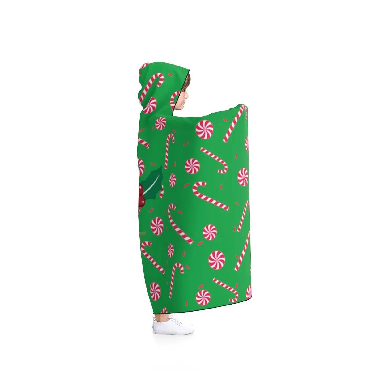 Green Cozy Christmas Hooded Blanket, Red Sugar Cane 50"x40", 80"x56" Holiday Party Blanket