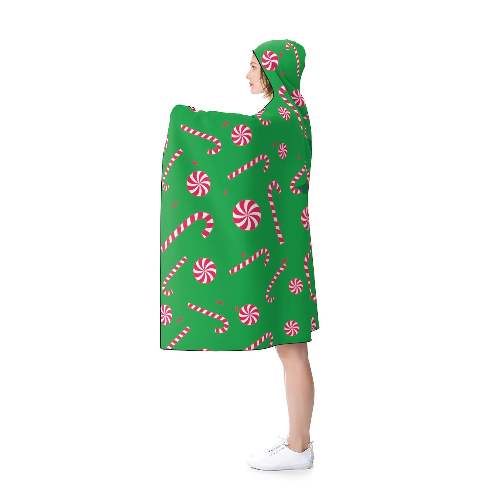 Green Cozy Christmas Hooded Blanket, Red Sugar Cane 50"x40", 80"x56" Holiday Party Blanket