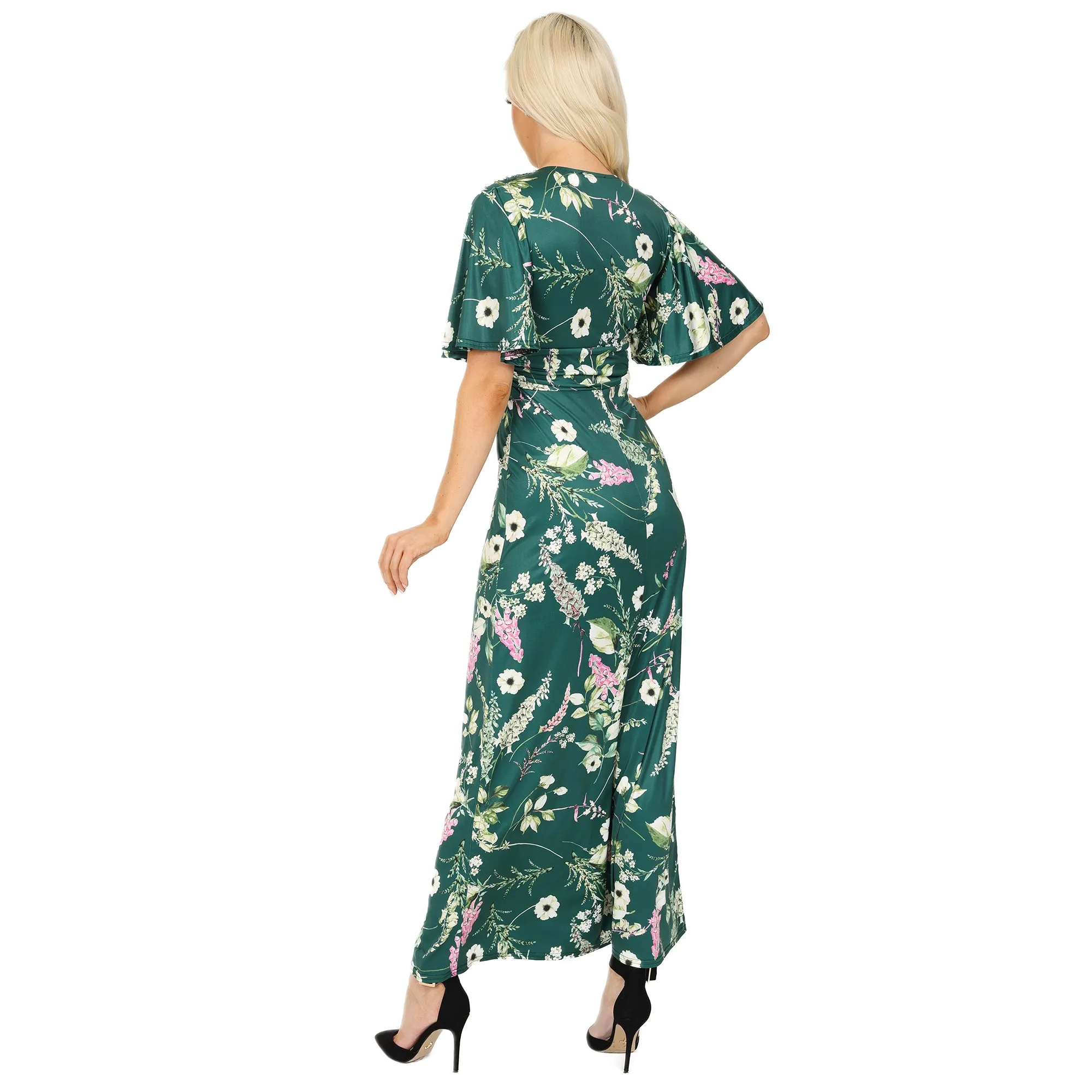 Green Floral Print Waterfall Sleeve Maxi Dress