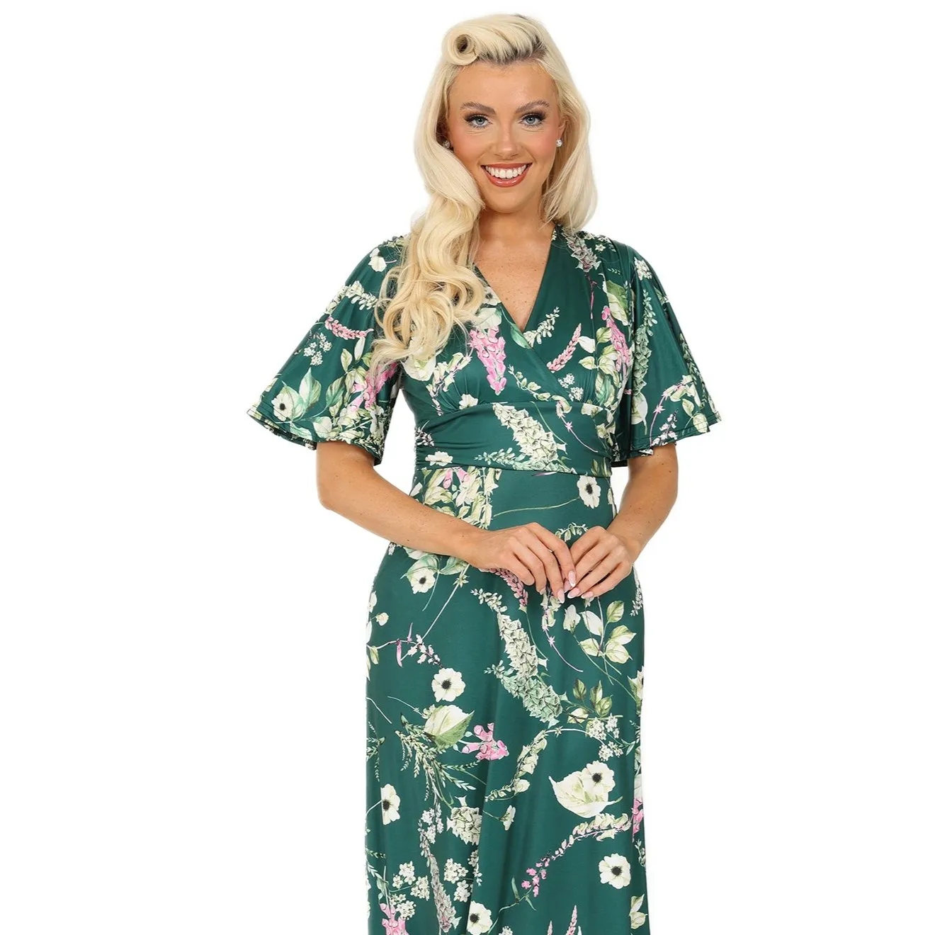 Green Floral Print Waterfall Sleeve Maxi Dress