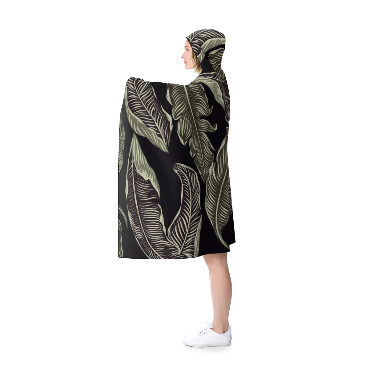 Green Leaves on Black Hooded Blanket