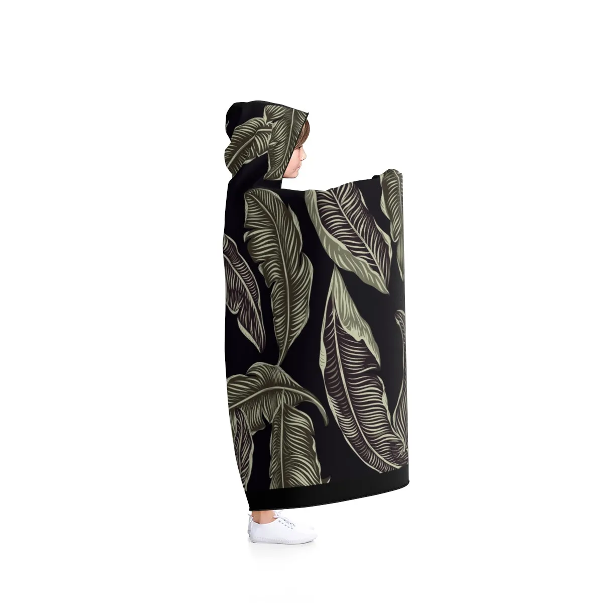 Green Leaves on Black Hooded Blanket