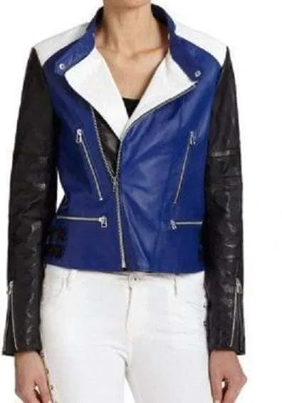 Handmade Leather Biker Jacket Blue Black White Woman Style