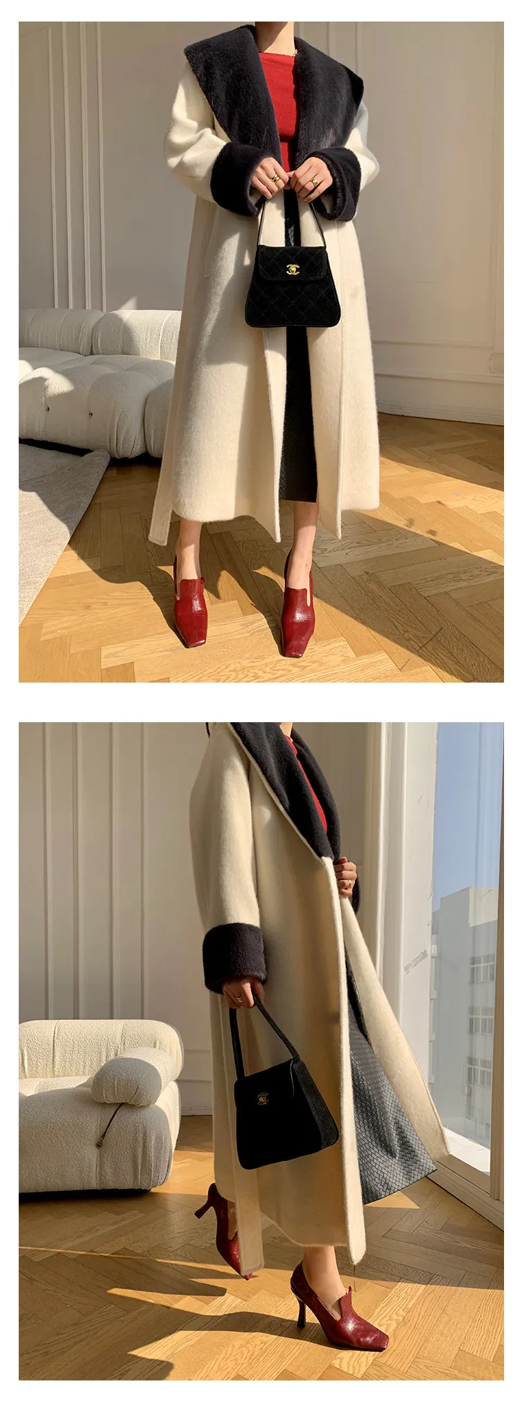 High end Contrast color large lapel bathrobe-style long coat loose winter spring woolen coat - Gulla