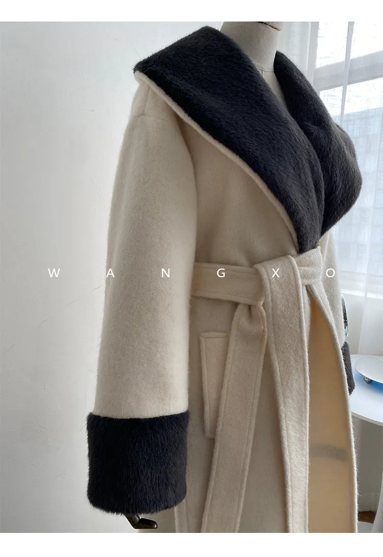 High end Contrast color large lapel bathrobe-style long coat loose winter spring woolen coat - Gulla