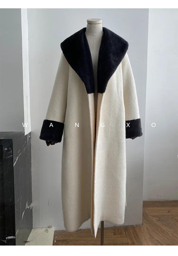 High end Contrast color large lapel bathrobe-style long coat loose winter spring woolen coat - Gulla