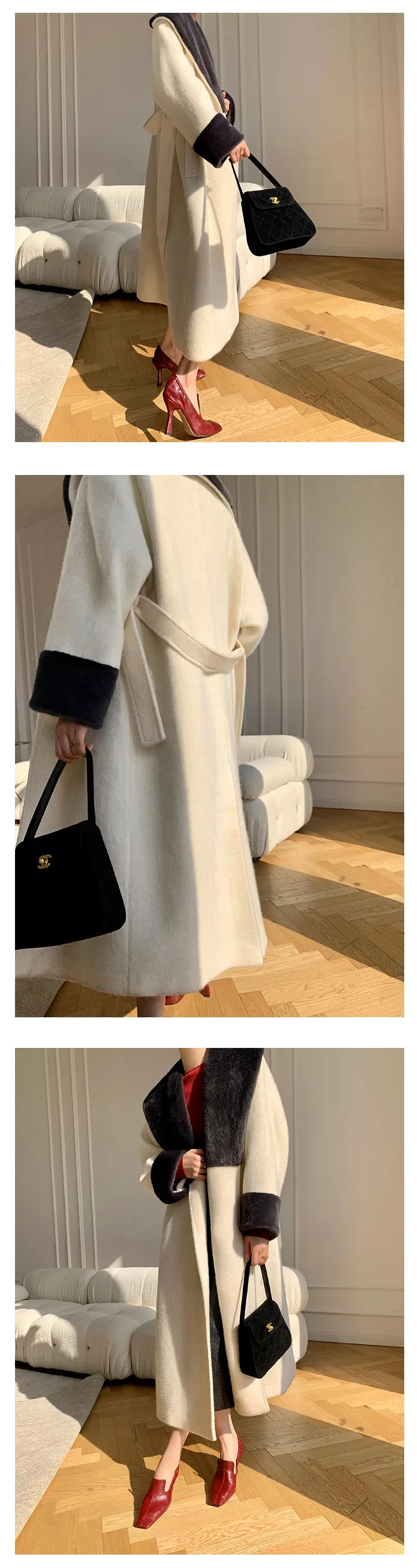 High end Contrast color large lapel bathrobe-style long coat loose winter spring woolen coat - Gulla