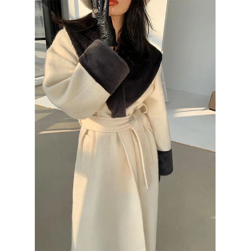 High end Contrast color large lapel bathrobe-style long coat loose winter spring woolen coat - Gulla