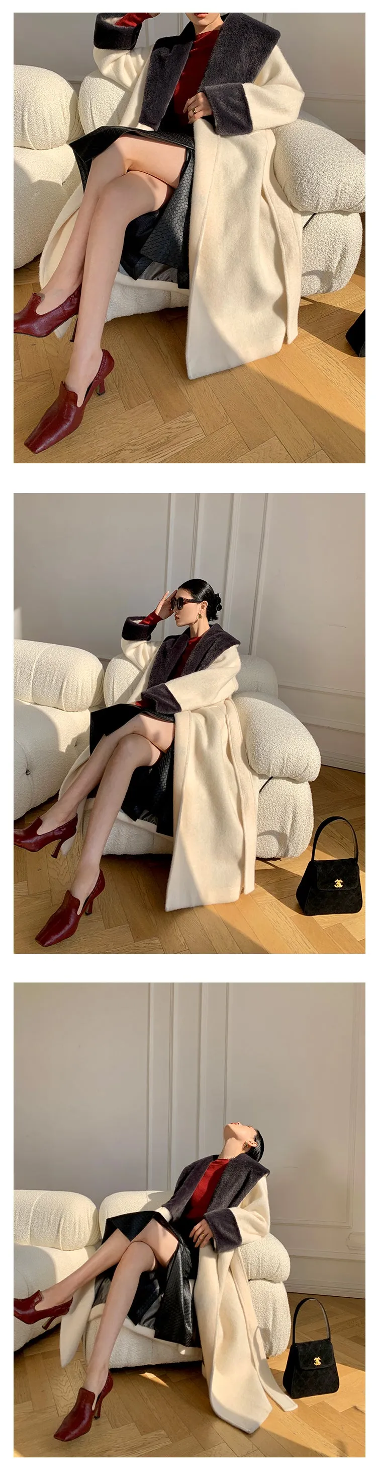 High end Contrast color large lapel bathrobe-style long coat loose winter spring woolen coat - Gulla