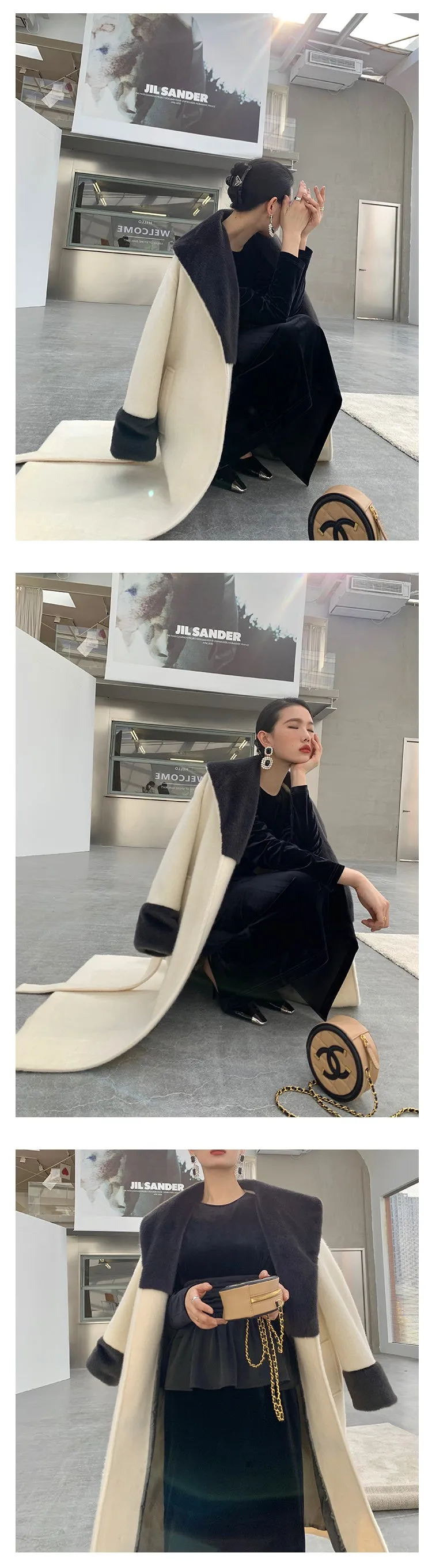 High end Contrast color large lapel bathrobe-style long coat loose winter spring woolen coat - Gulla