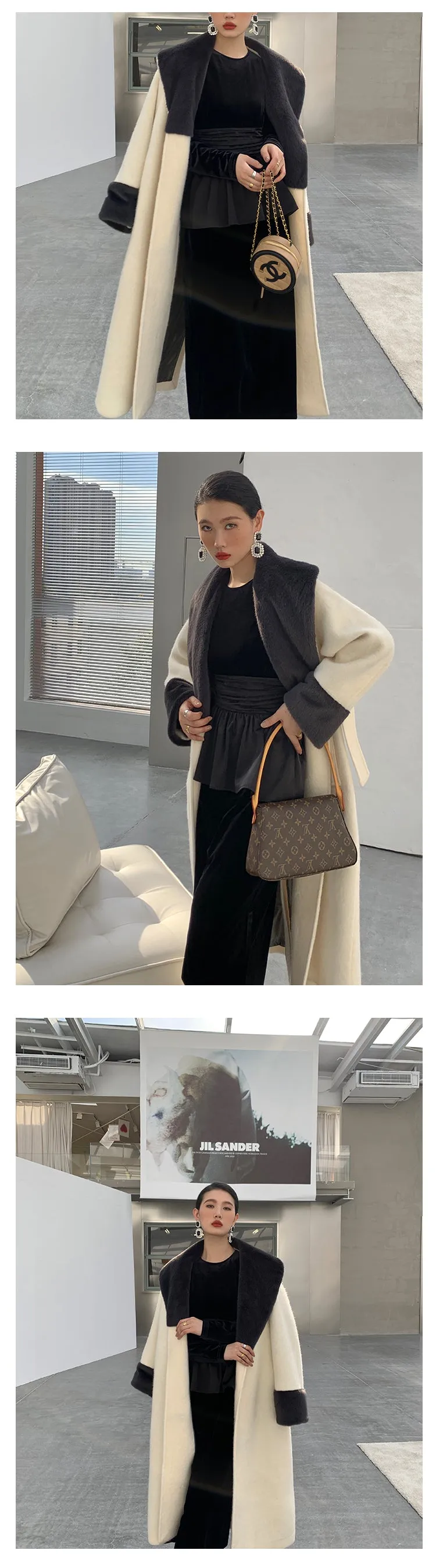 High end Contrast color large lapel bathrobe-style long coat loose winter spring woolen coat - Gulla