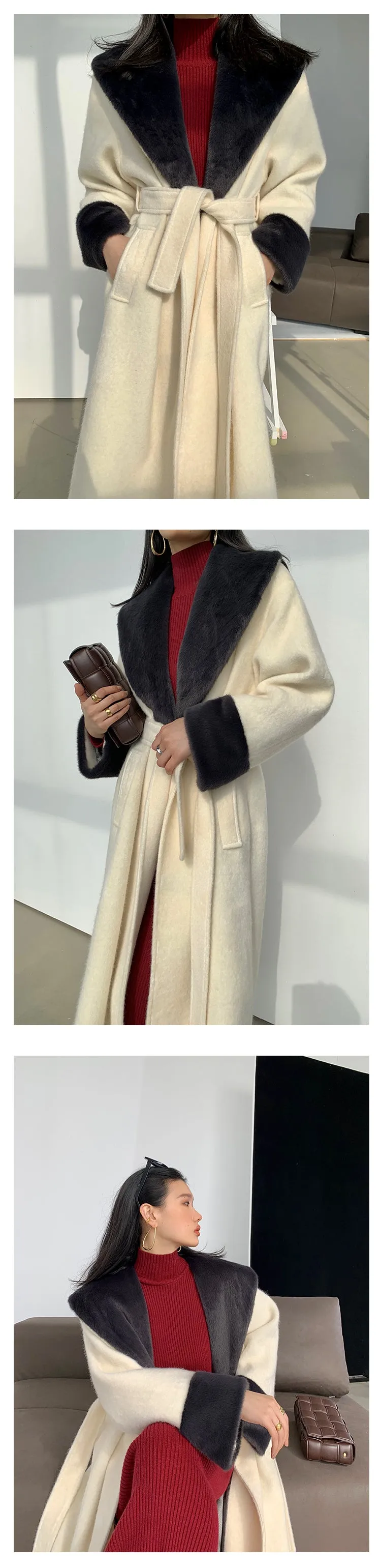 High end Contrast color large lapel bathrobe-style long coat loose winter spring woolen coat - Gulla