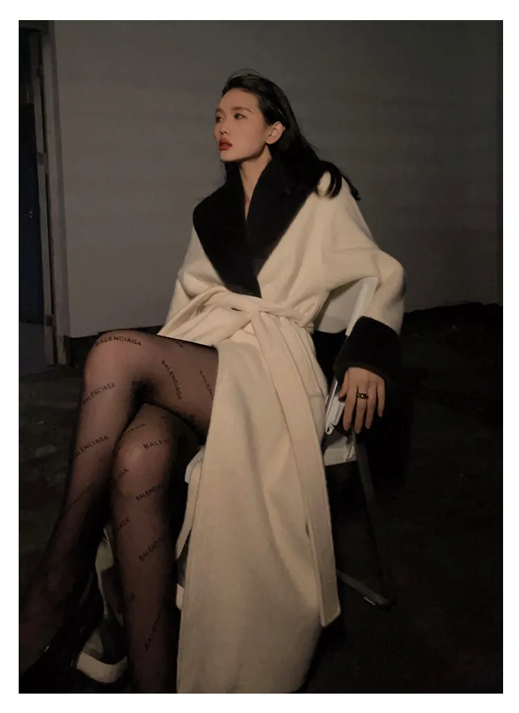 High end Contrast color large lapel bathrobe-style long coat loose winter spring woolen coat - Gulla